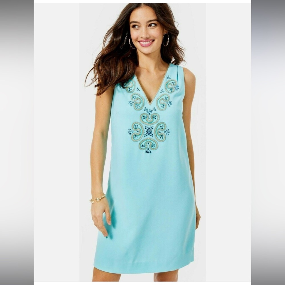 Lilly Pulitzer Penelope Blue Ibiza Embellished Satin Back Crepe Easy Shift Dress